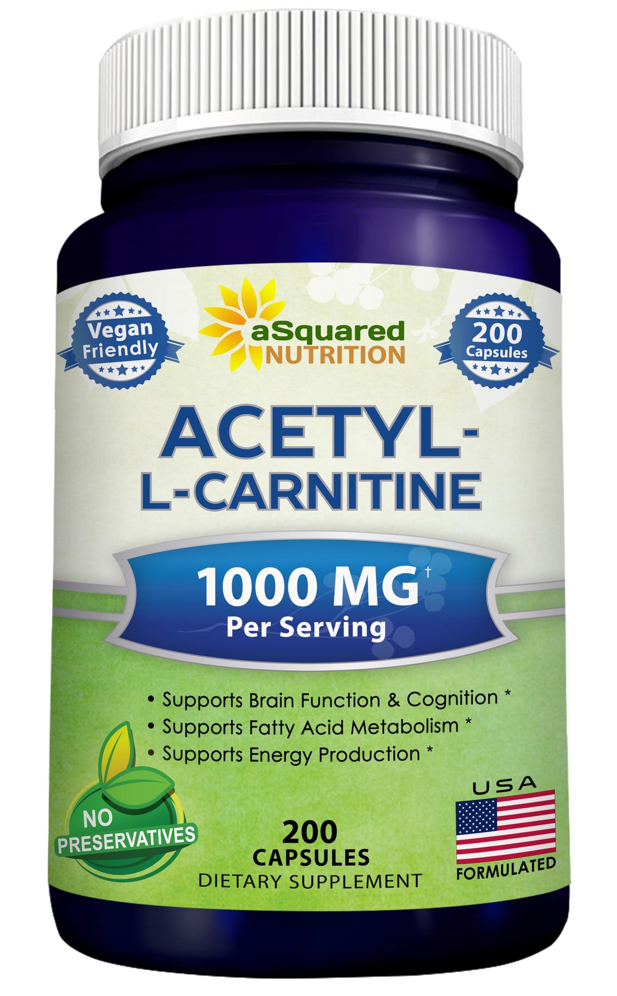 aSquared Nutrition Acetyl L-Carnitine bottle showing 1000mg dosage for energy support