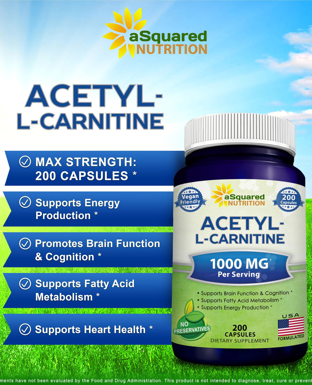 aSquared Nutrition Acetyl L-Carnitine label detailing ingredients and vegan formula