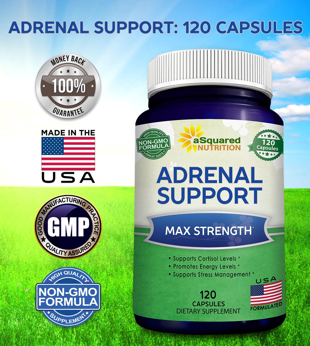 Adrenal Ingredients panel emphasizes Ashwagandha, Rhodiola, and Ginseng blend.