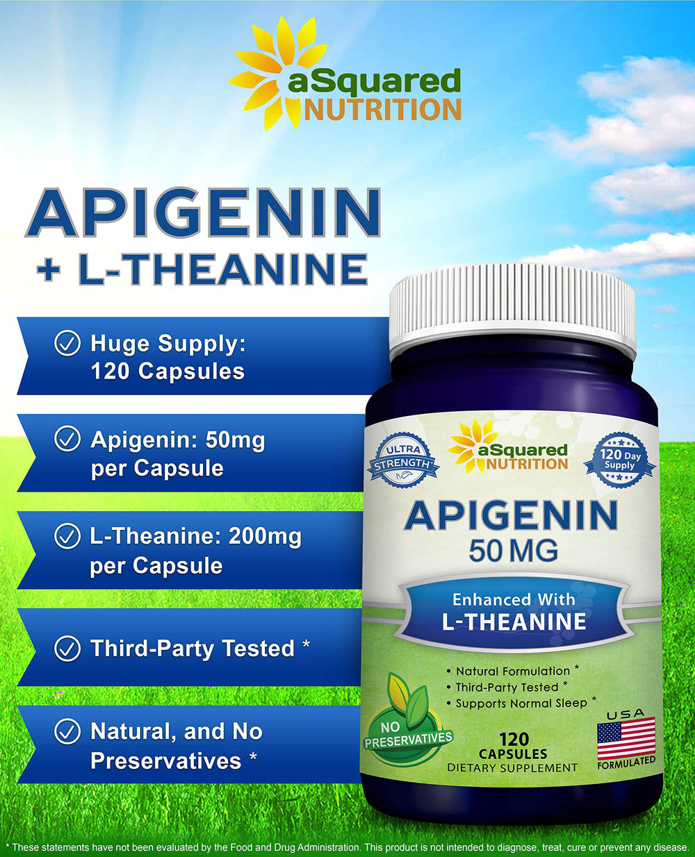 close-up of aSquared Nutrition apigenin-ltheanine capsules showing vegan formula