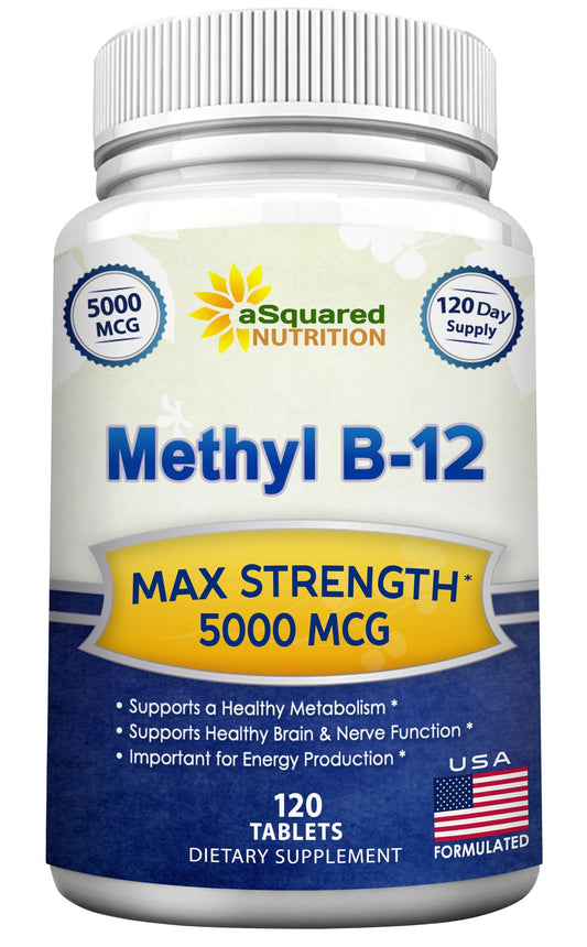 aSquared Nutrition Vitamin B12 5000mcg tablets in bottle for daily energy support