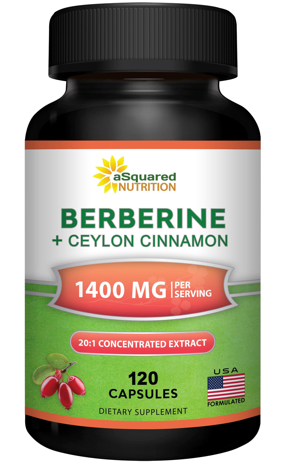 aSquared Nutrition Berberine Cinnamon bottle with high-strength capsules for daily metabolic balance.