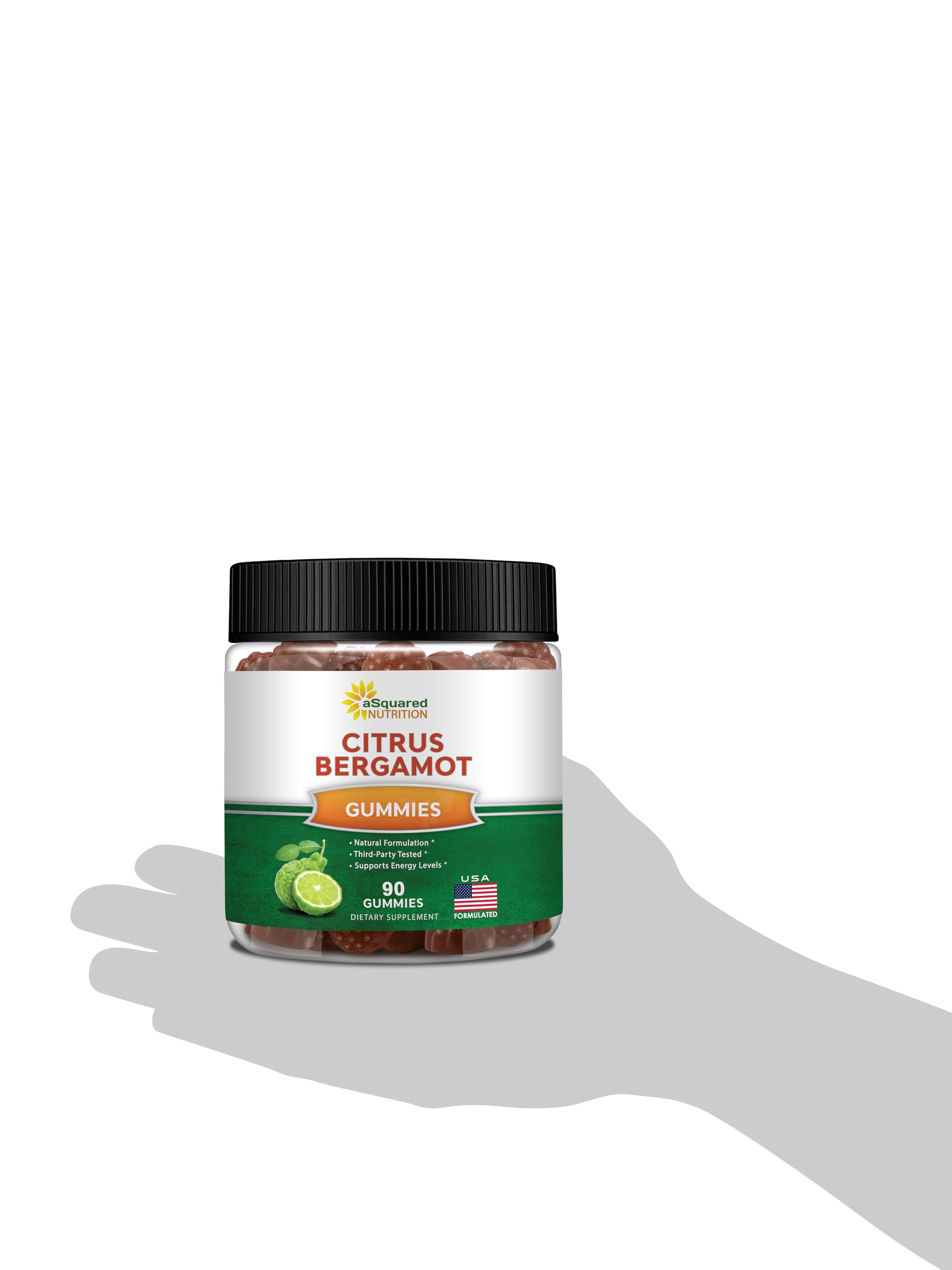 Gummies in a transparent jar from Asquared Nutrition Citrus Bergamot line.