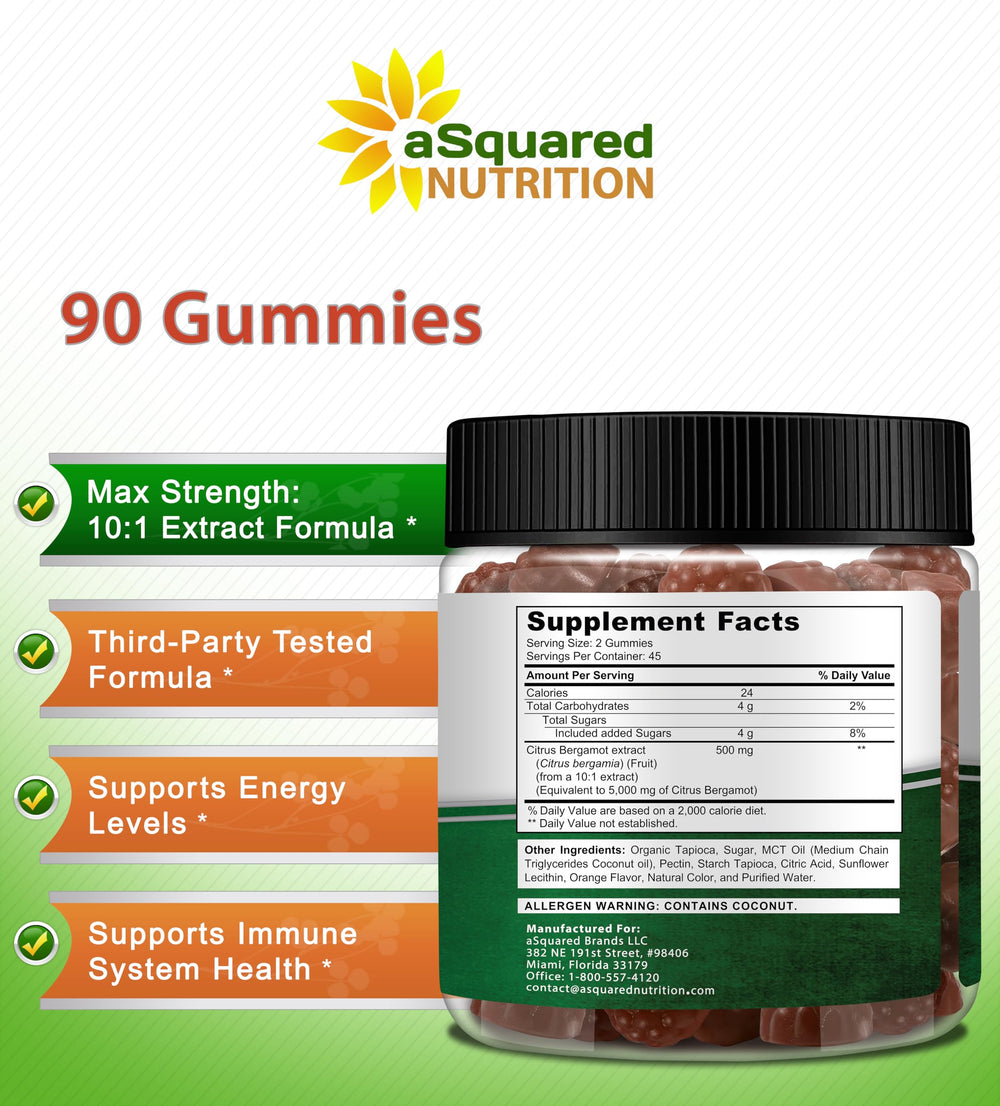Boxed packaging of Asquared Nutrition Citrus Bergamot Gummies showing value.