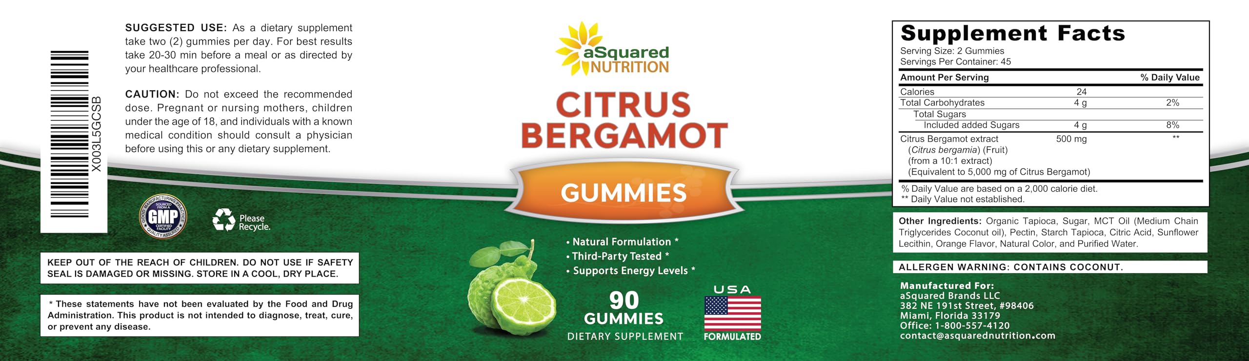 Two gummies serving suggestion for Asquared Nutrition Citrus Bergamot Gummies.