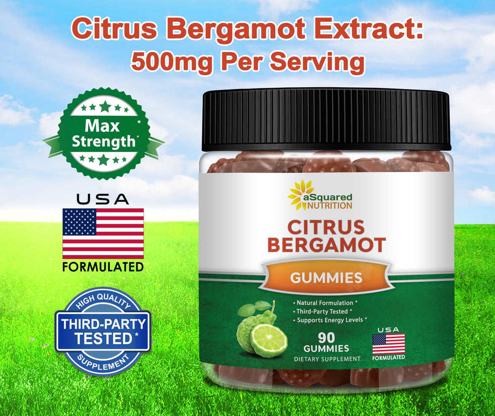 Third-party lab seal on Asquared Nutrition Citrus Bergamot Gummies packaging.