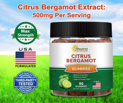 Third-party lab seal on Asquared Nutrition Citrus Bergamot Gummies packaging.