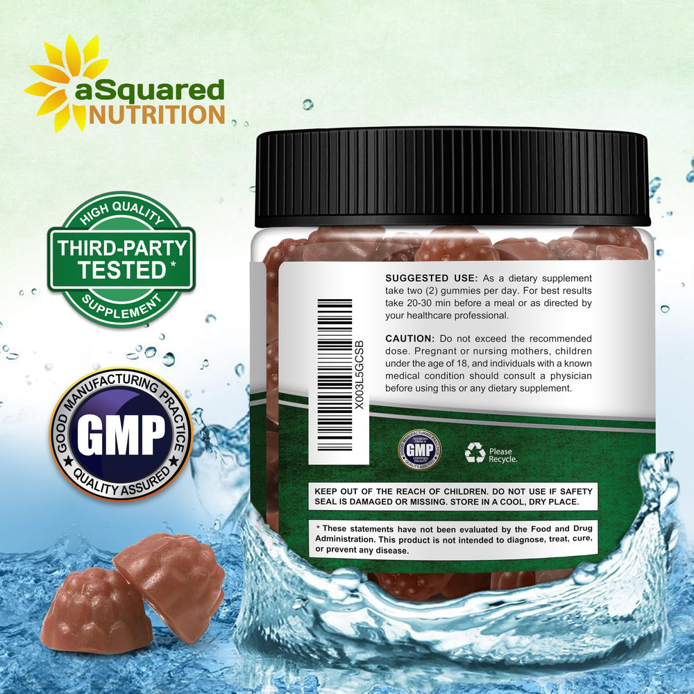 USA GMP facility production background for Asquared Nutrition Citrus Bergamot Gummies.