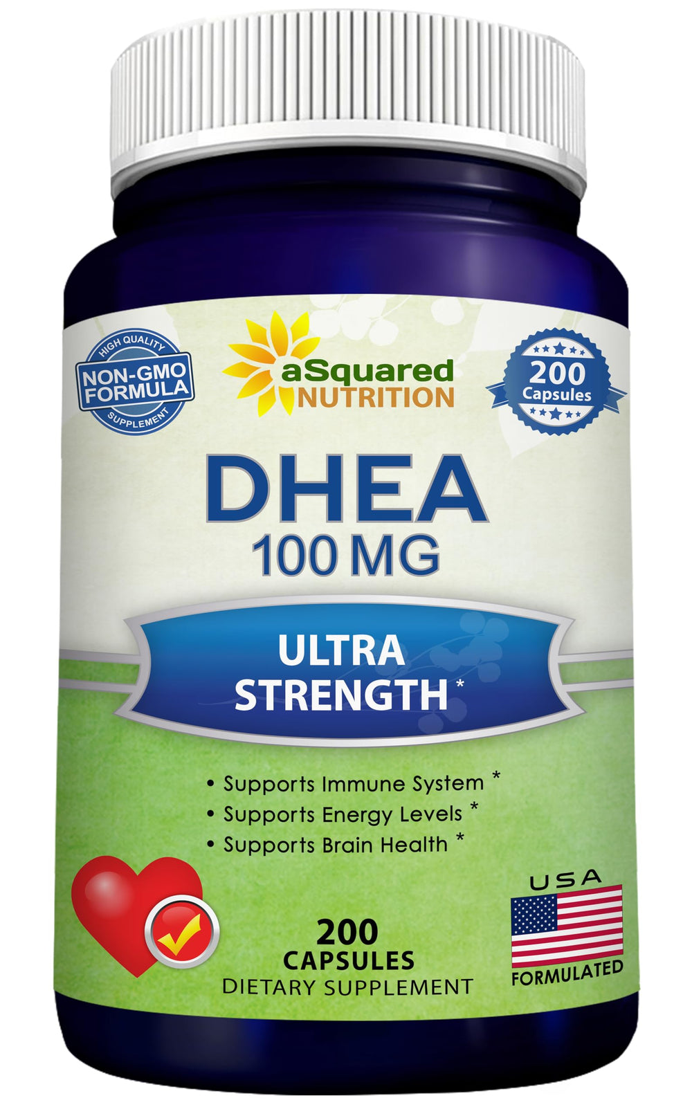 aSquared Nutrition DHEA 100mg bottle front view supports daily vitality