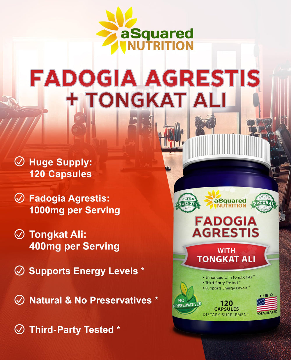 aSquared Nutrition Fadogia Tongkat capsules bottle back listing ingredients and serving size