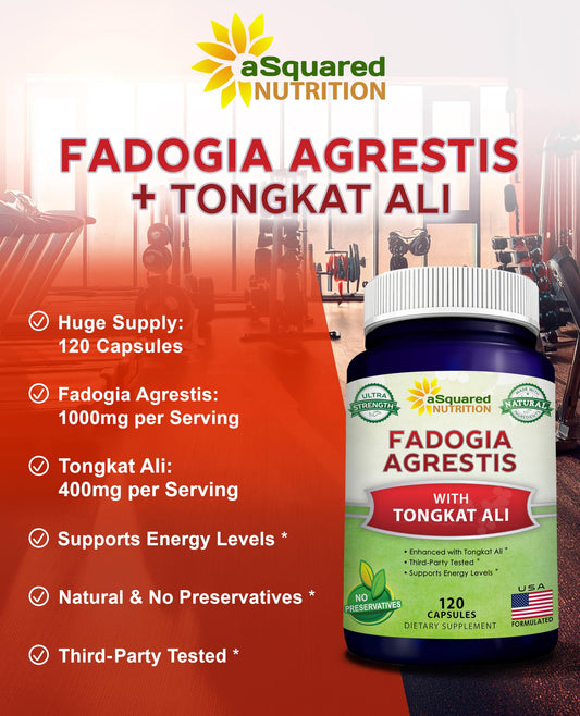 aSquared Nutrition Fadogia Tongkat capsules bottle back listing ingredients and serving size