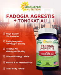 aSquared Nutrition Fadogia Tongkat capsules bottle back listing ingredients and serving size