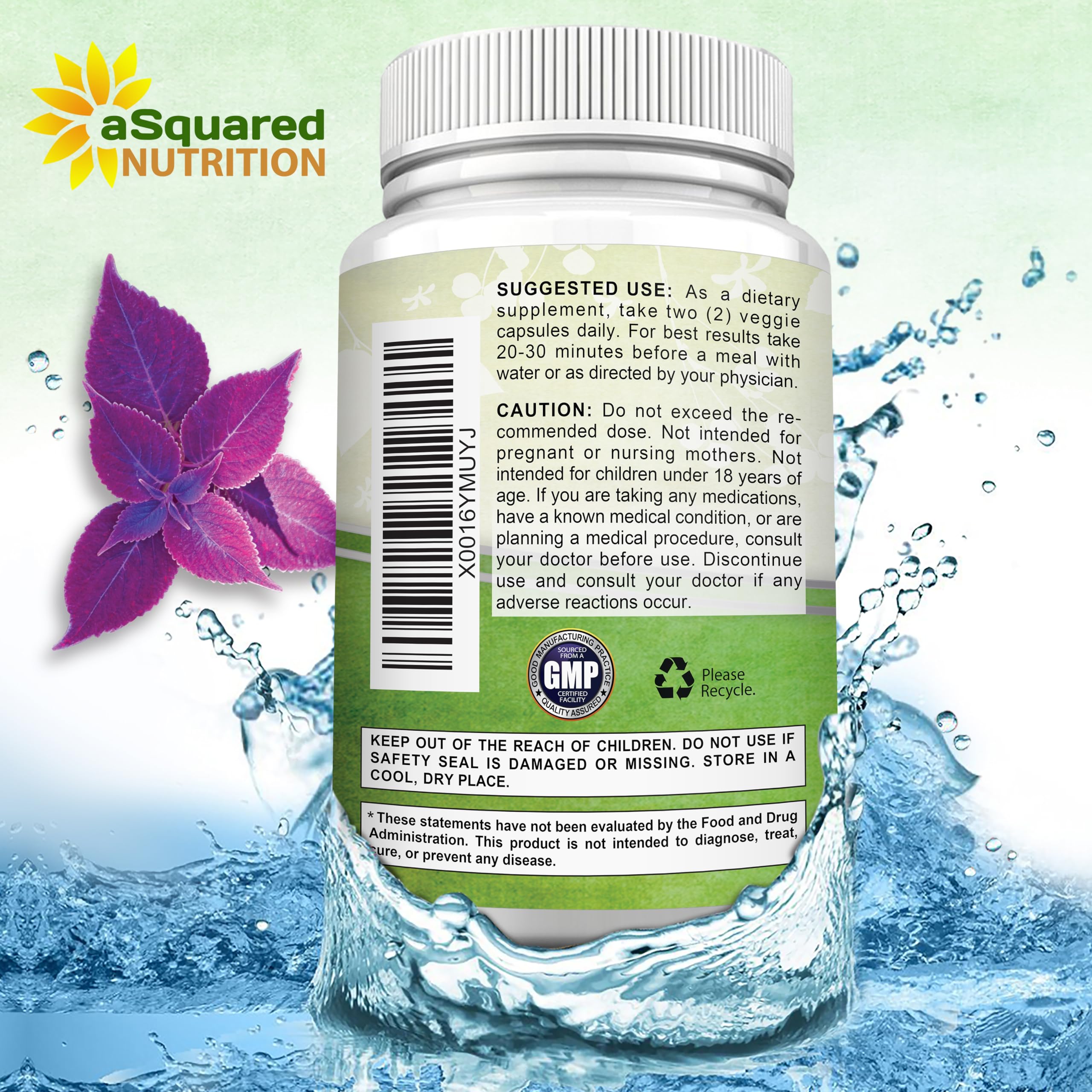 aSquared Nutrition Forskolin GMP facility label for USA manufacturing