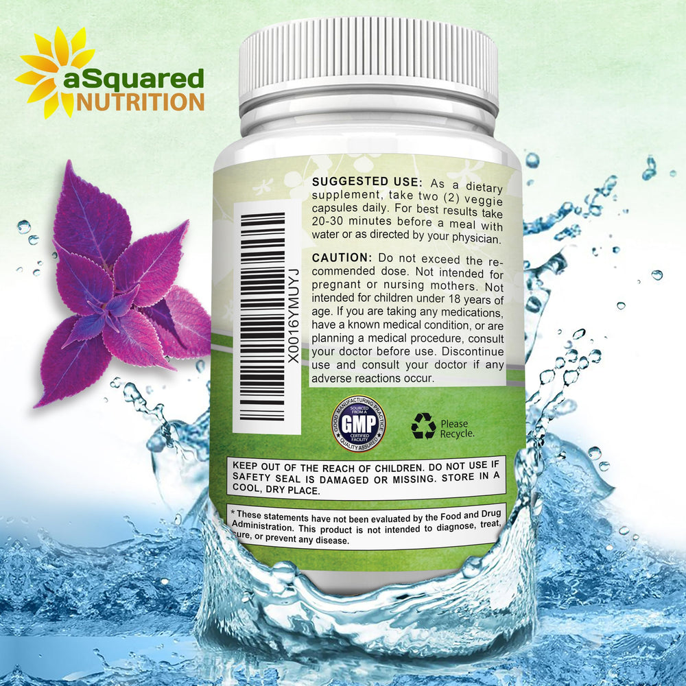 aSquared Nutrition Forskolin GMP facility label for USA manufacturing