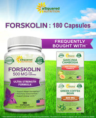 aSquared Nutrition Forskolin label details with 180 capsules per bottle