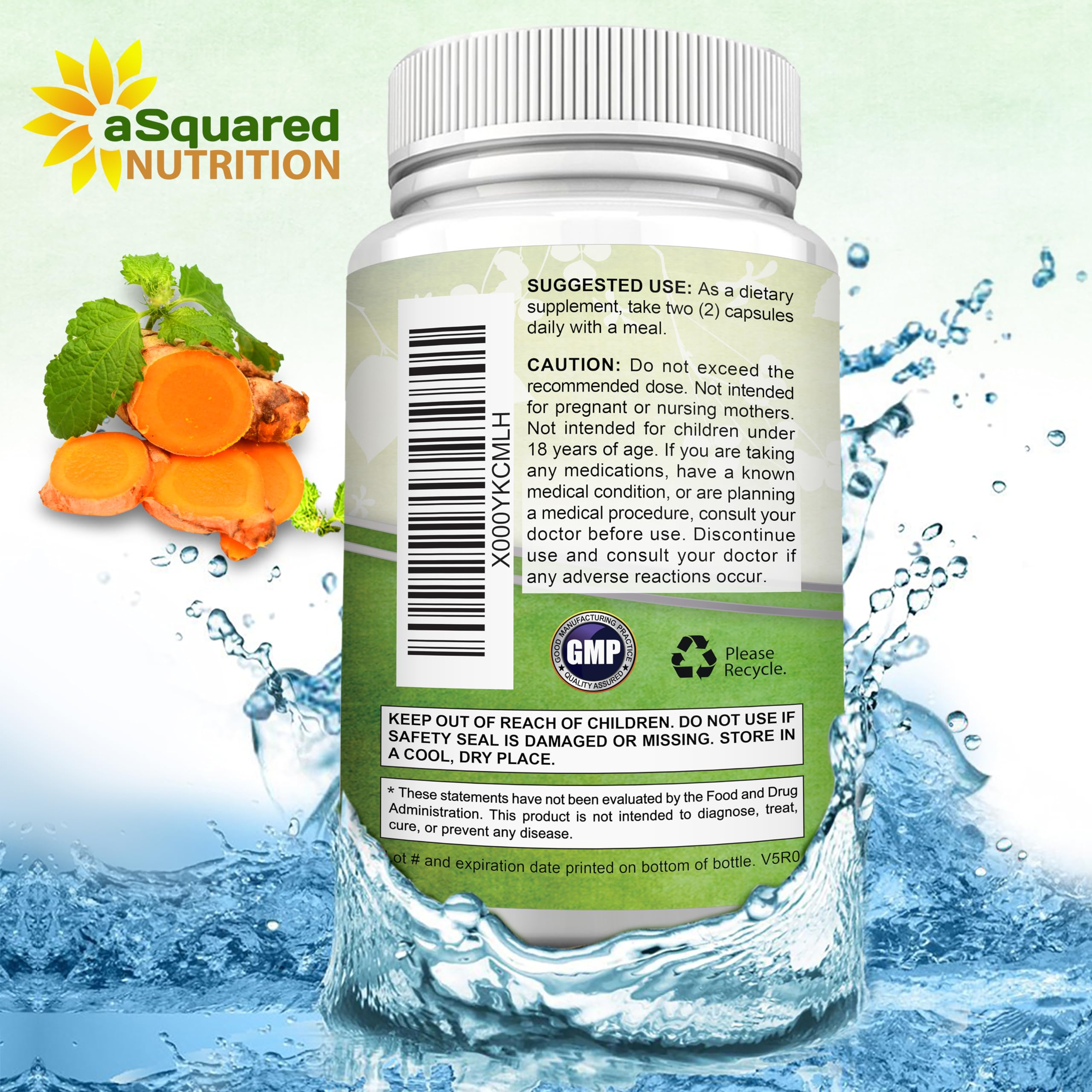 asquared Nutrition all-natural turmeric label close-up emphasizes 95% curcuminoids content.