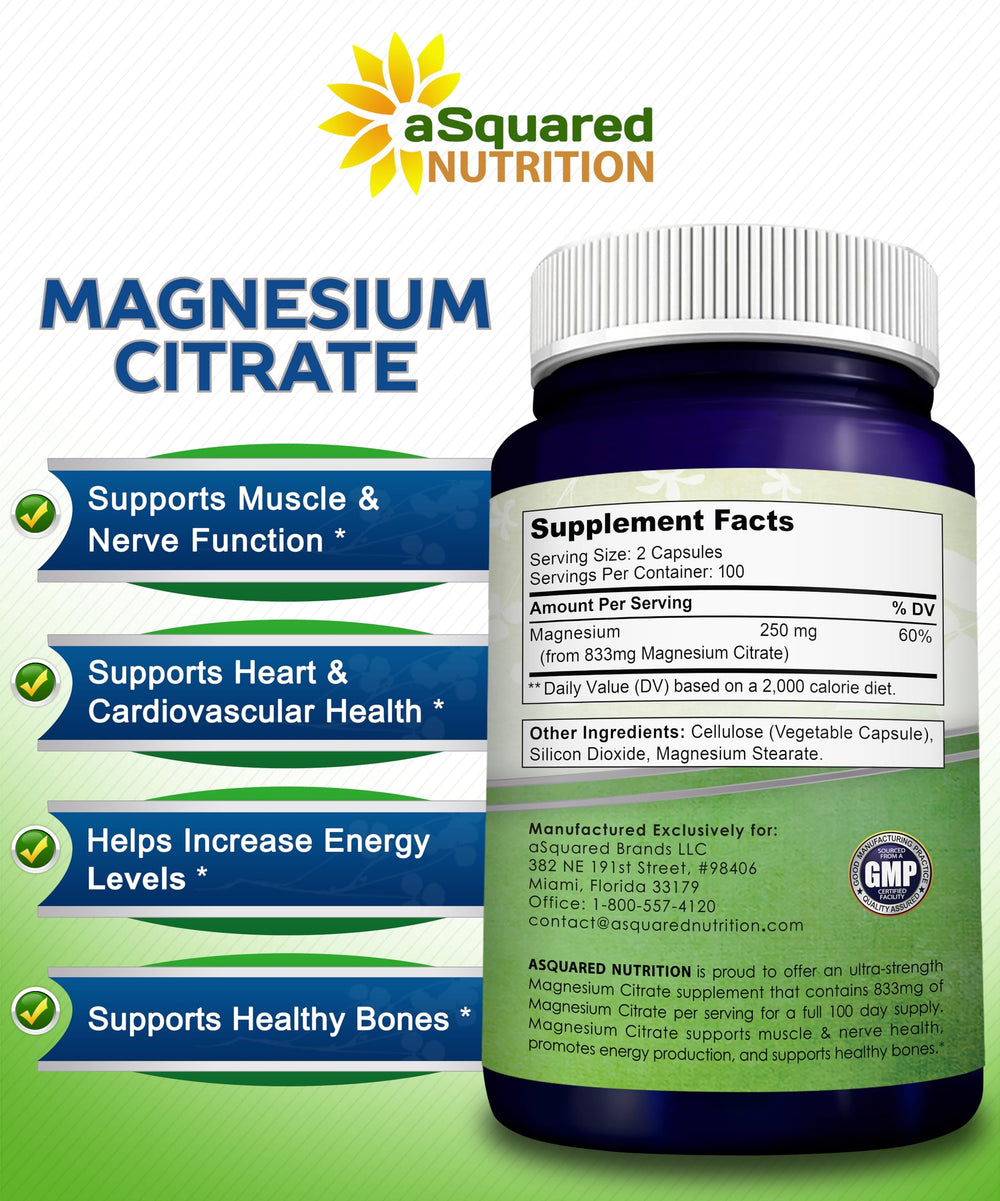 aSquared Nutrition magnesium citrate label details 833 mg per serving in a vegan formula