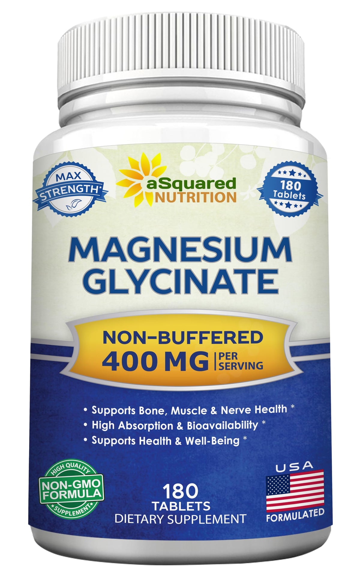 asquared nutrition magnesium glycinate 400mg bottle front for daily support