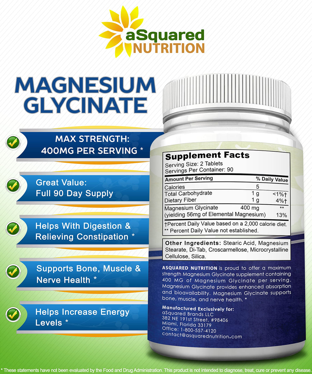 asquared nutrition magnesium glycinate 400mg tablet close-up showing clarity