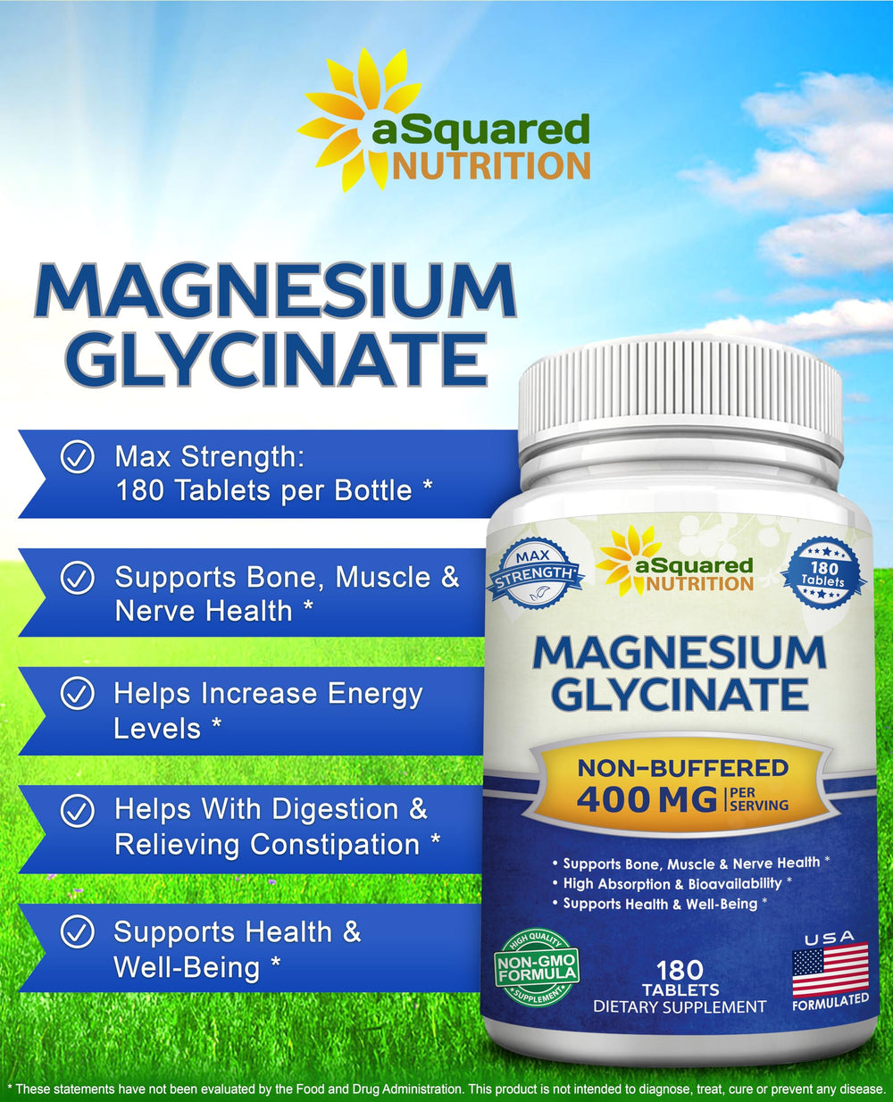 asquared nutrition magnesium glycinate 400mg tablets two per serving