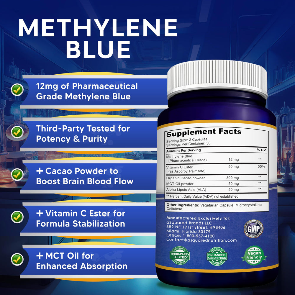 aSquared Nutrition Methylene Blue formula with MCT oil powder aiding absorption