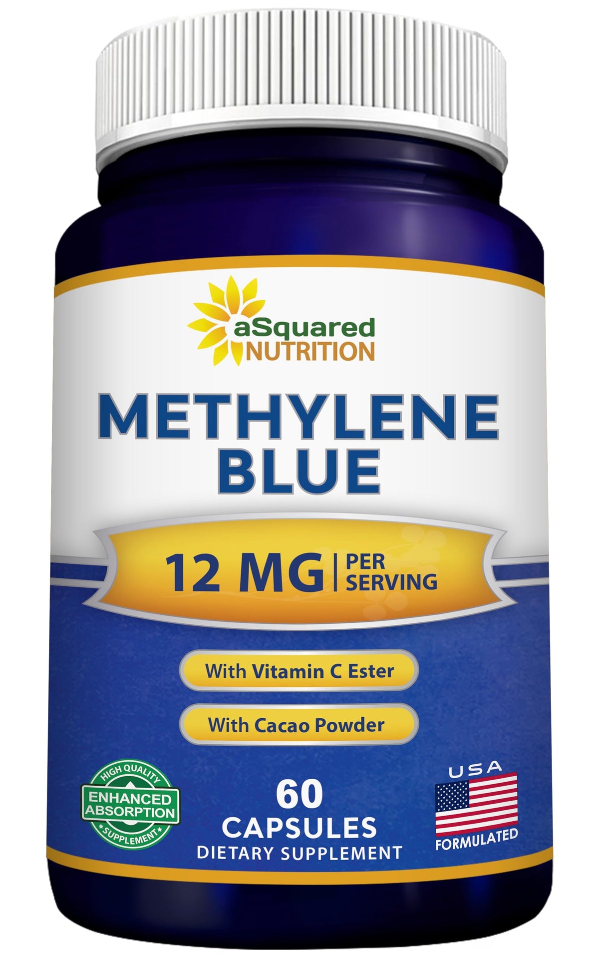 aSquared Nutrition Methylene Blue capsules bottle highlighting a 12 mg dose for potential focus support