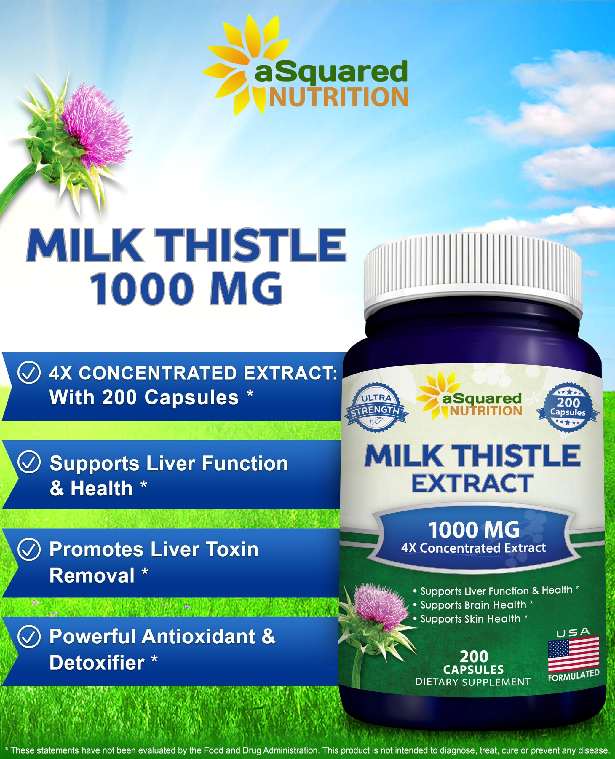 aSquared Nutrition Milk Thistle capsules close-up highlighting 1000 mg potency