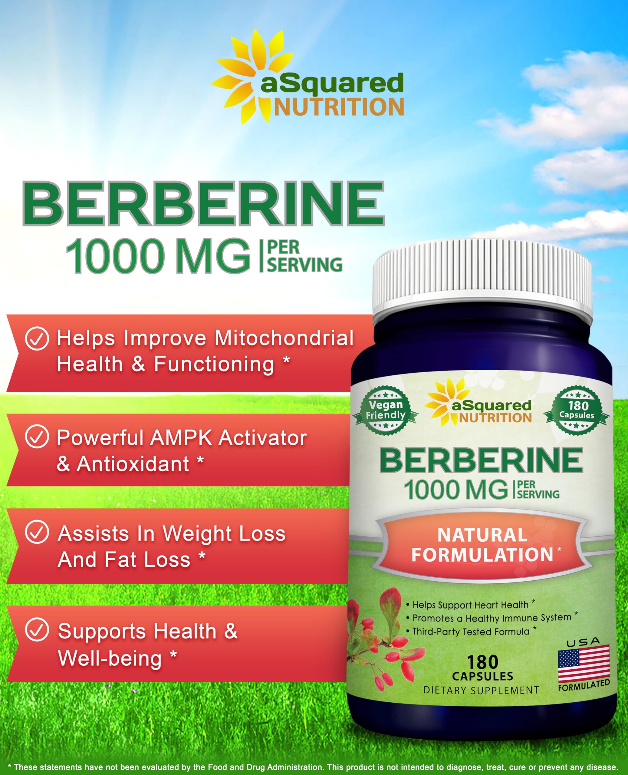 aSquared Nutrition Pure Berberine 1000mg capsules count highlights 180 capsules for monthly health support