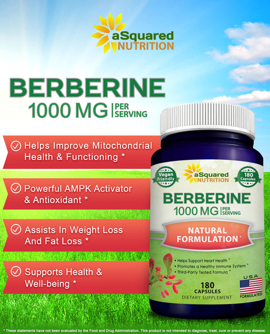 aSquared Nutrition Pure Berberine 1000mg capsules count highlights 180 capsules for monthly health support