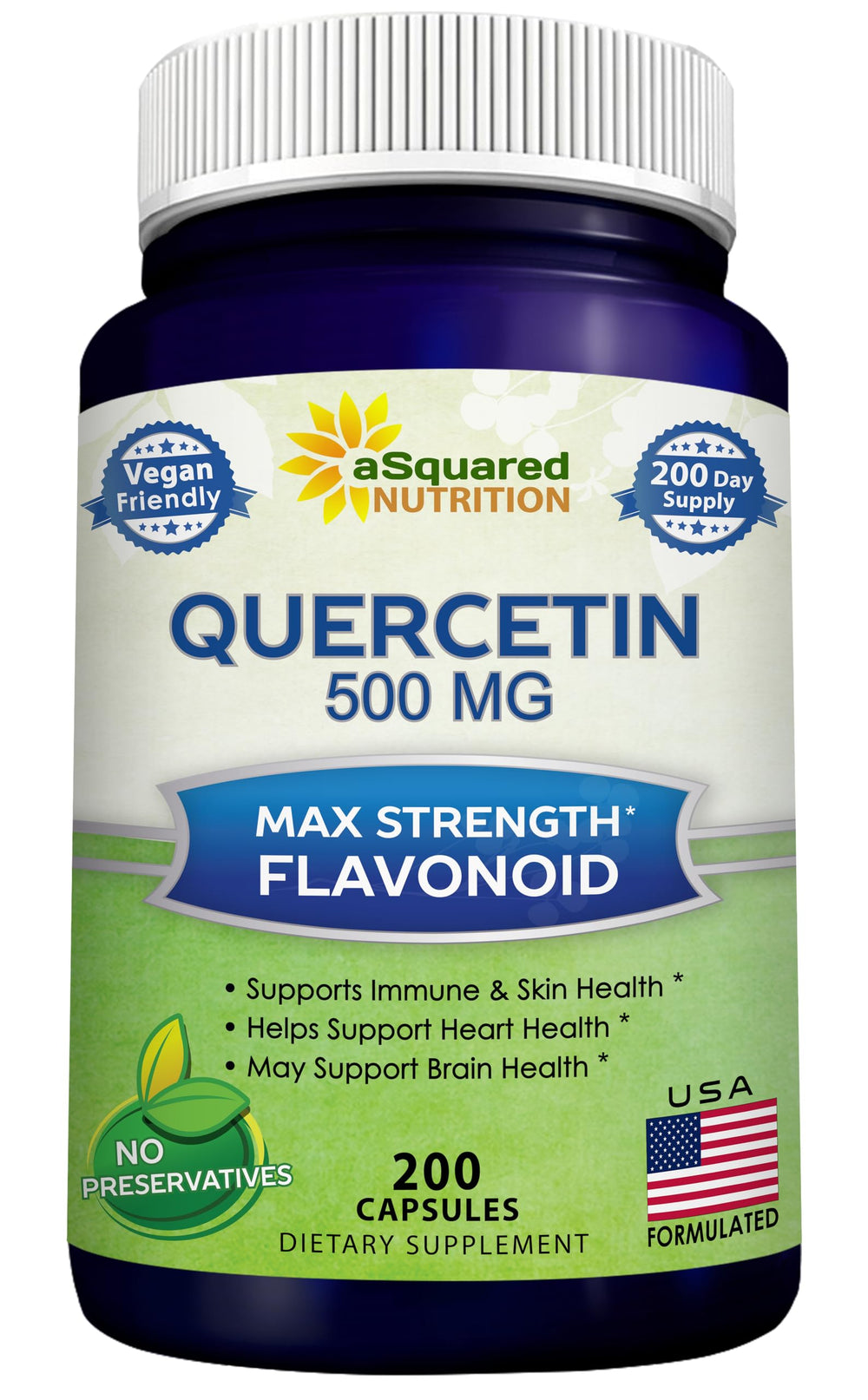 Close-up of the aSquared Nutrition Quercetin 500mg bottle for immune support.