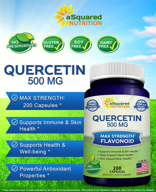 aSquared Nutrition Quercetin 500mg capsules in bottle showcase daily antioxidant support.
