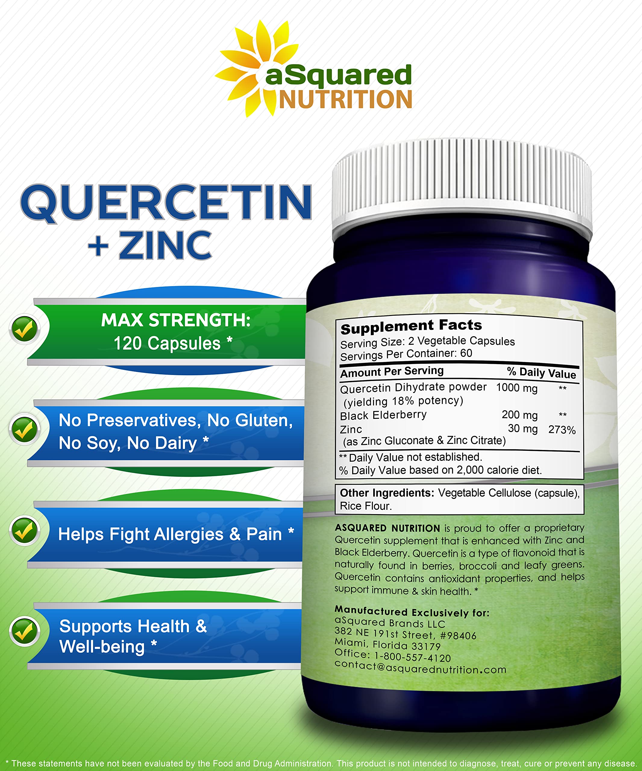Ingredients panel showing quercetin dihydrate with elderberry and zinc for daily wellness.