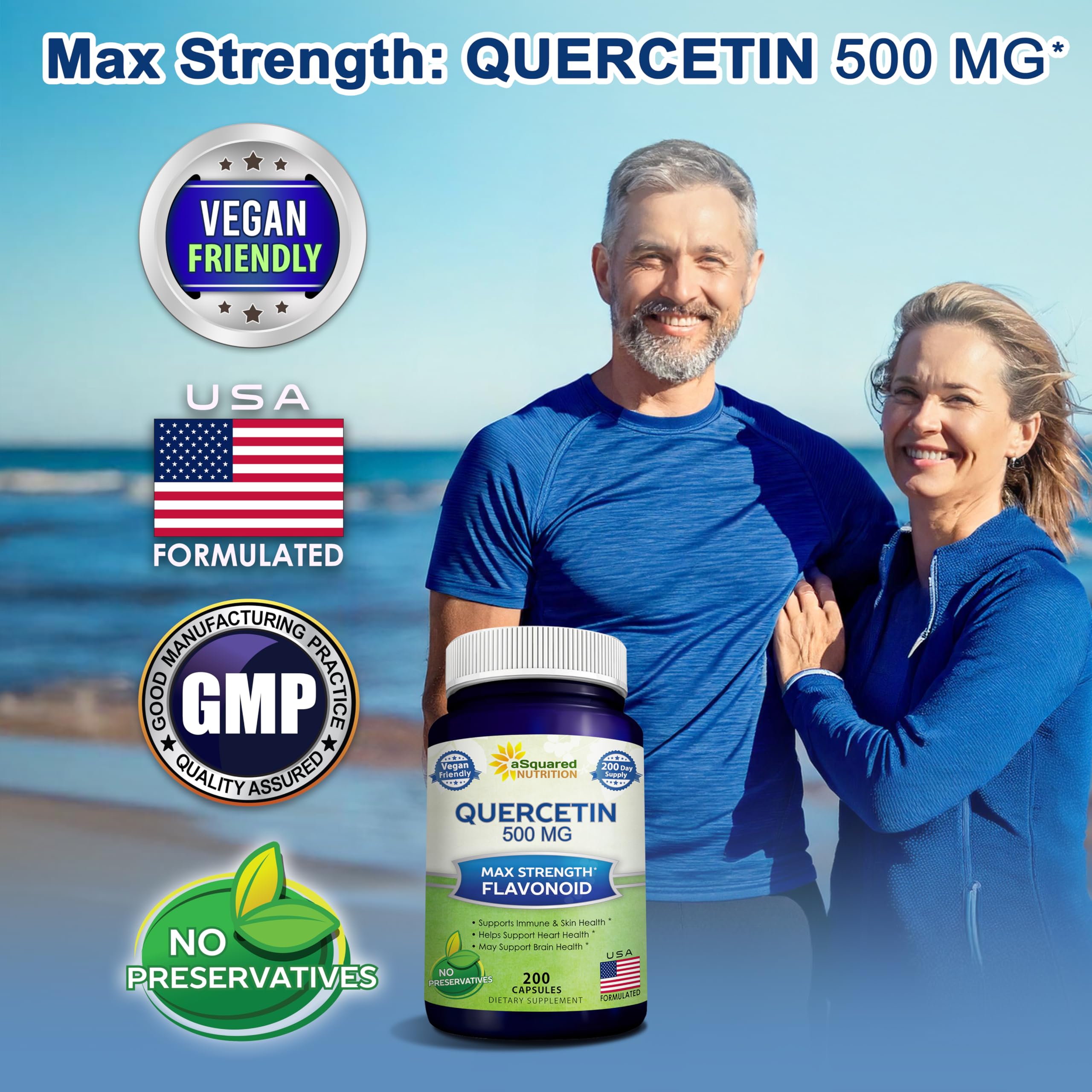 Close-up of the aSquared Nutrition Quercetin label emphasizes potency and immune health.