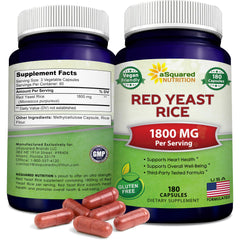 Asquared Nutrition Red Yeast Rice bottle highlighting vegan 1800mg formula for heart health support.