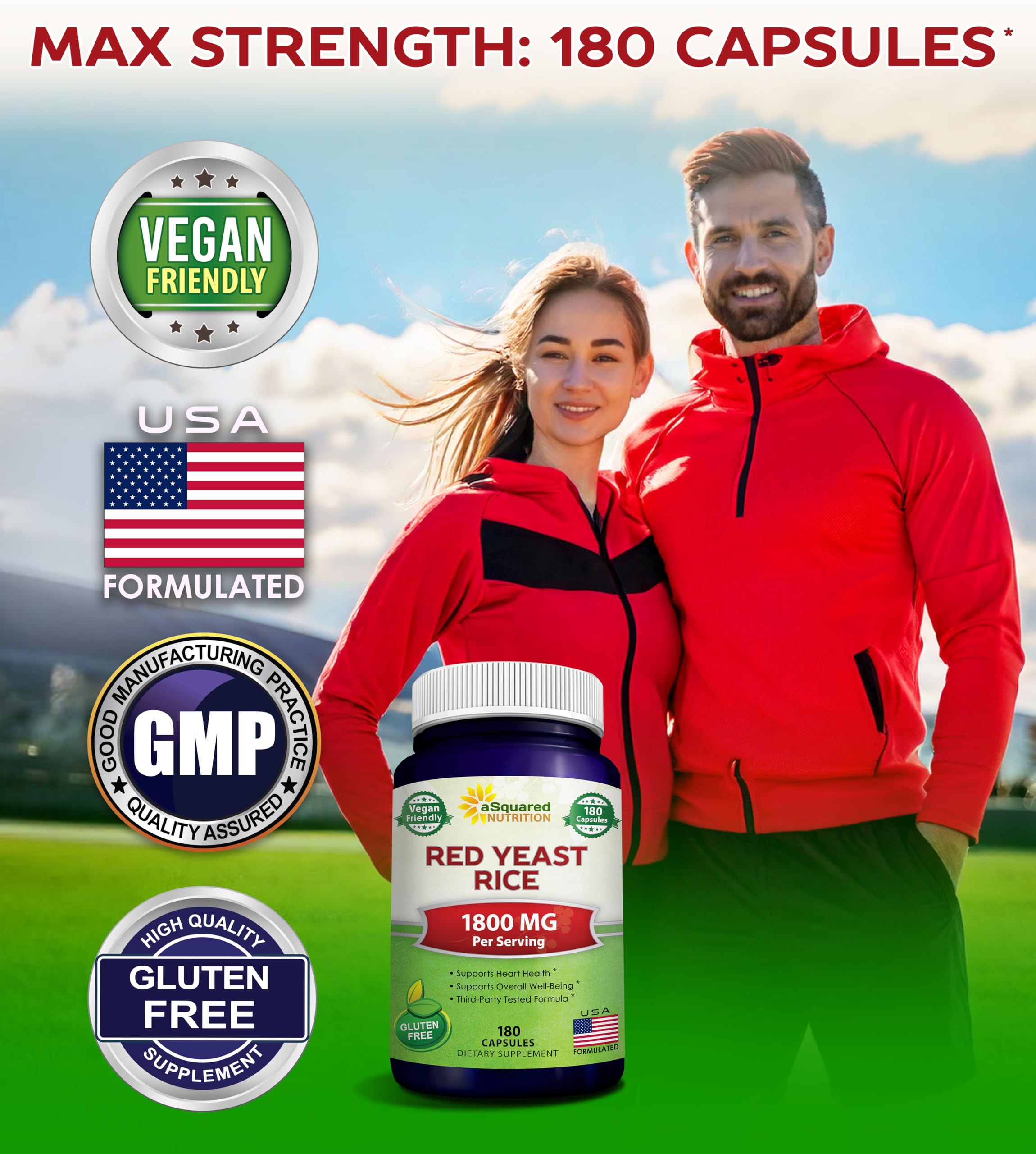 Asquared Nutrition red yeast rice capsules close-up for daily dietary supplement use.