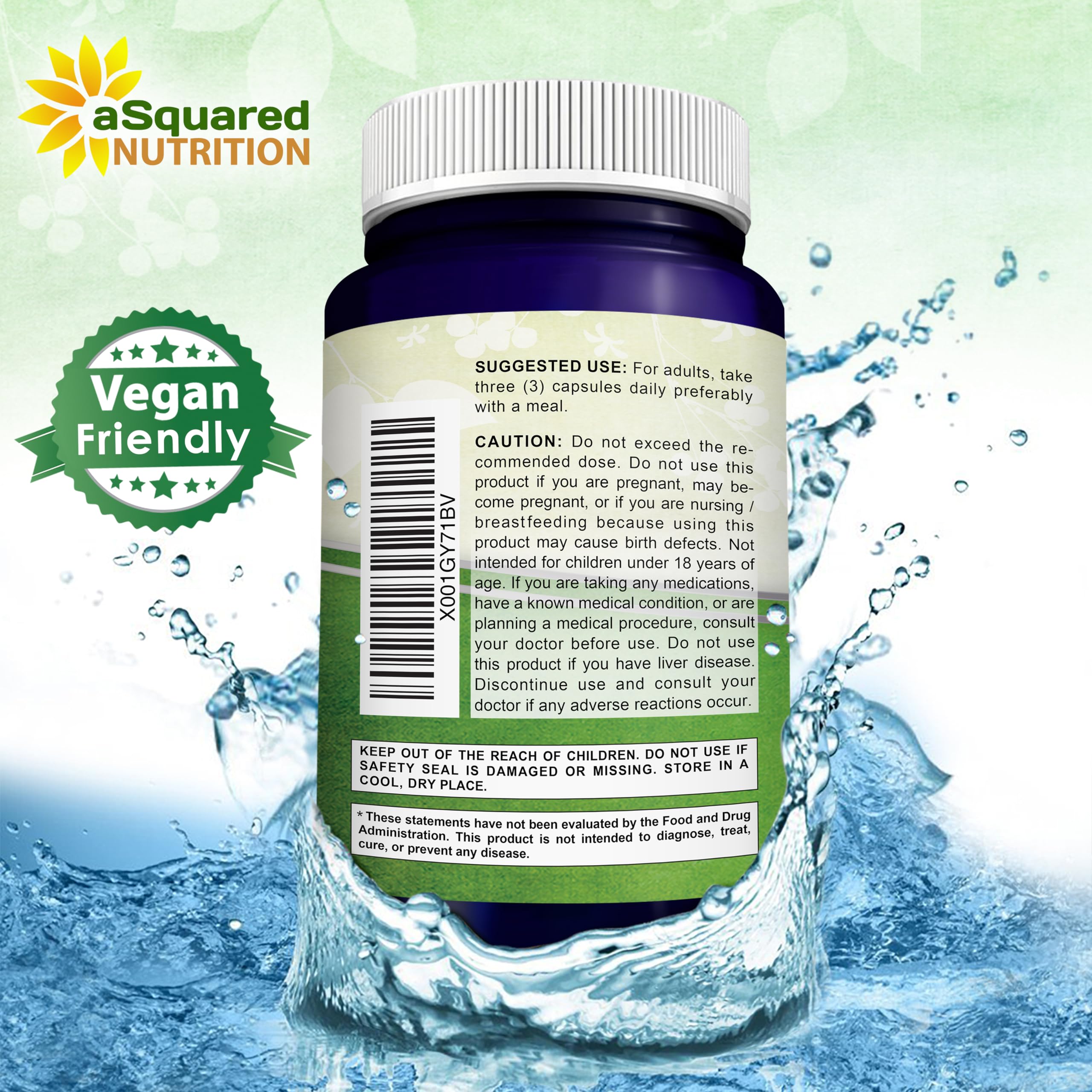 Asquared Nutrition red yeast rice capsules in a clear bottle with multiple capsules.