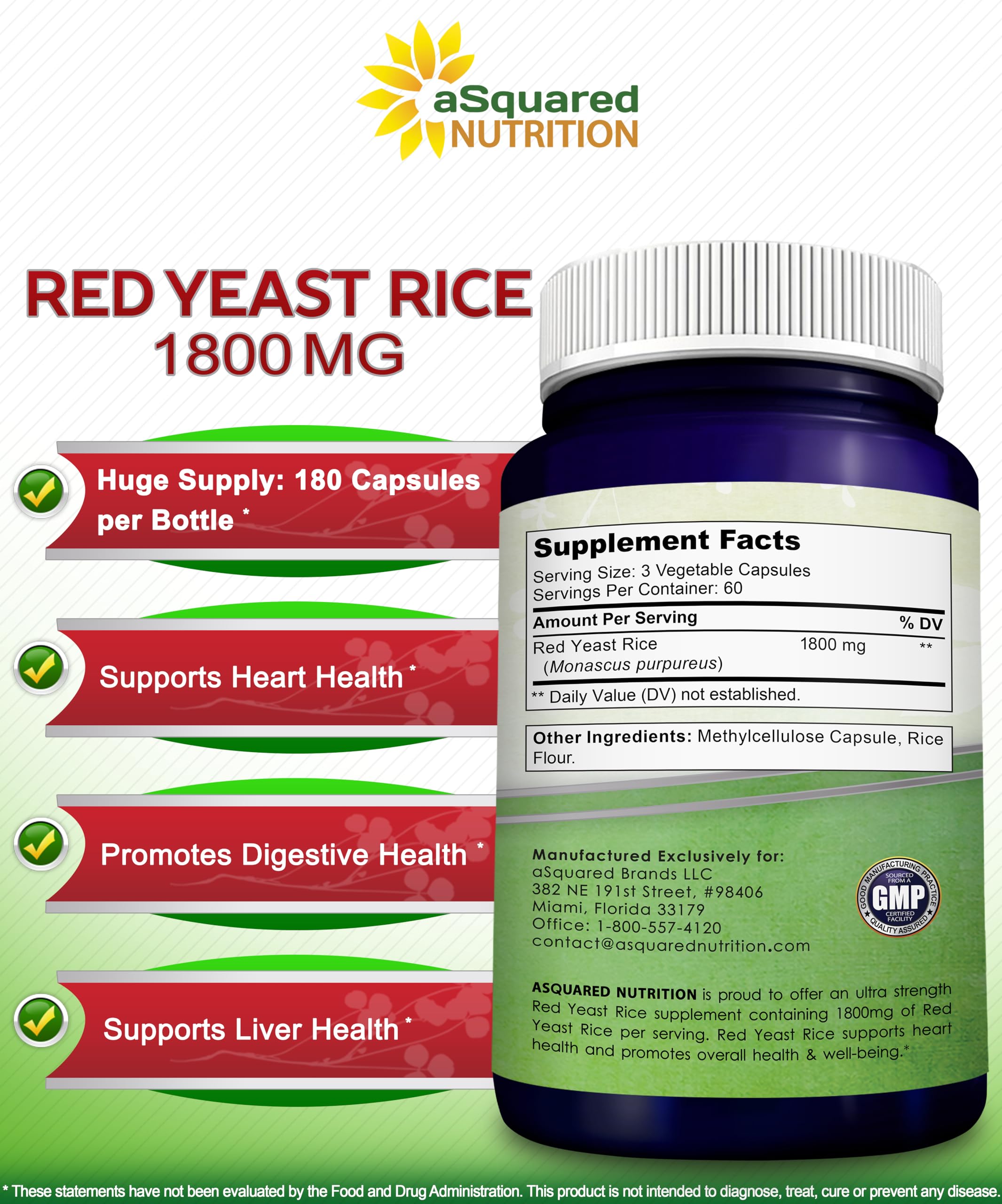 Asquared Nutrition red yeast rice 1800mg supplement promoting digestive and liver health.