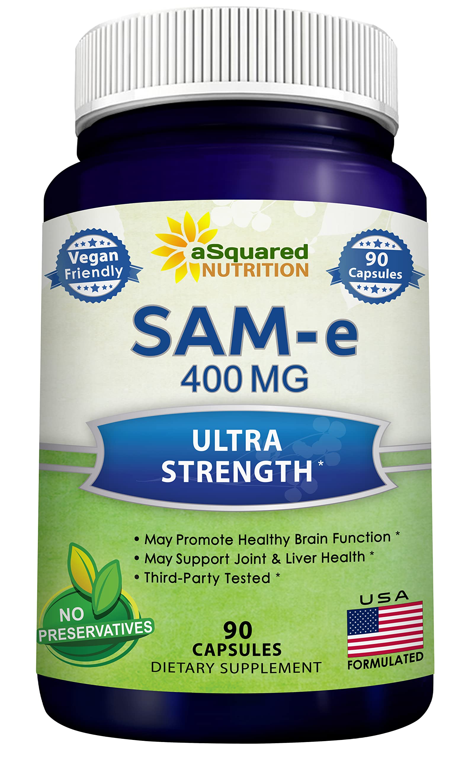 aSquared Nutrition SAM-e 400mg bottle front view for mood and joint support.