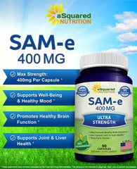 aSquared Nutrition SAM-e 400mg capsules close-up showing vegan formula for brain health.