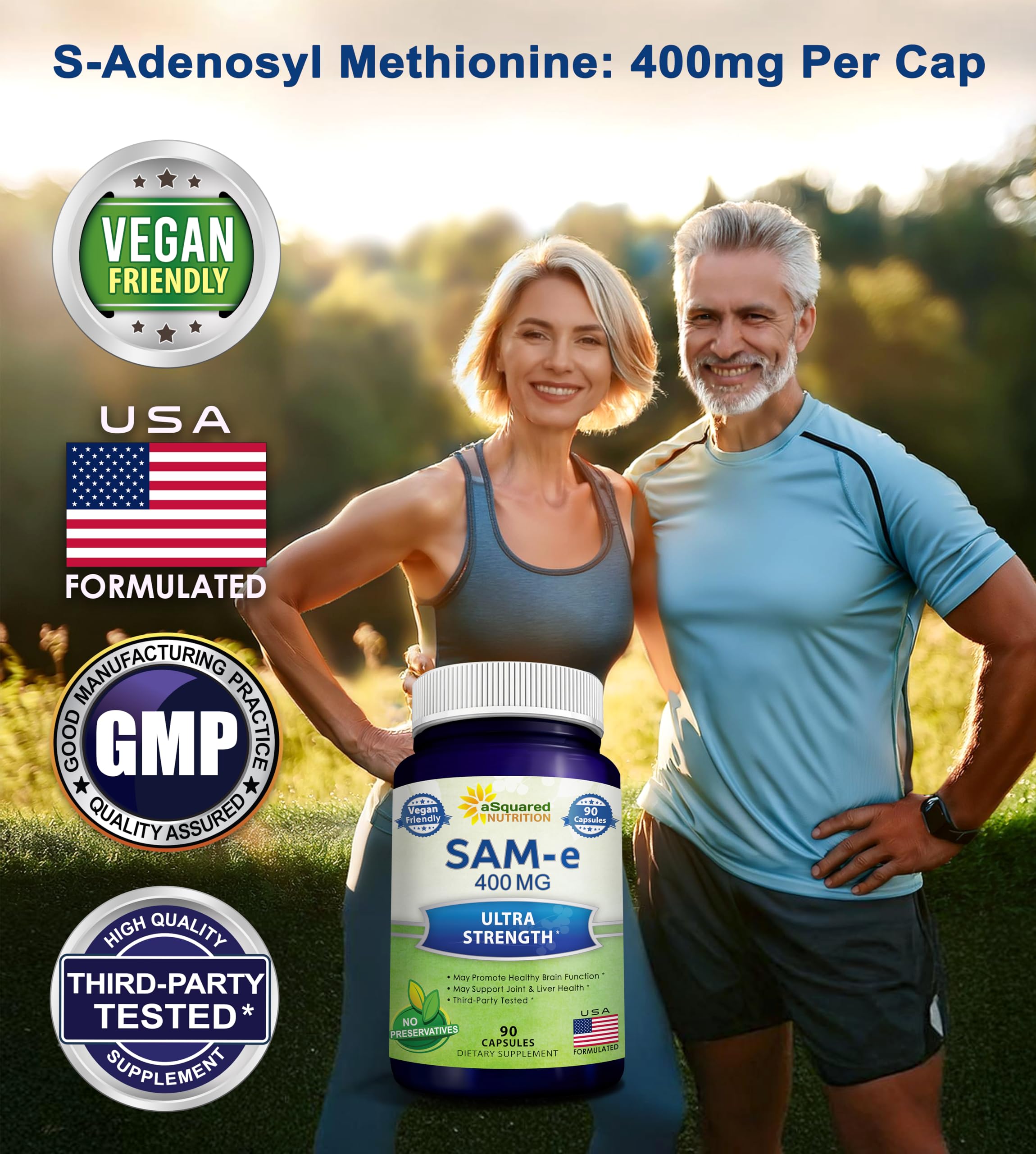 aSquared Nutrition SAM-e 400mg pack shot emphasizing 90 vegan capsules.