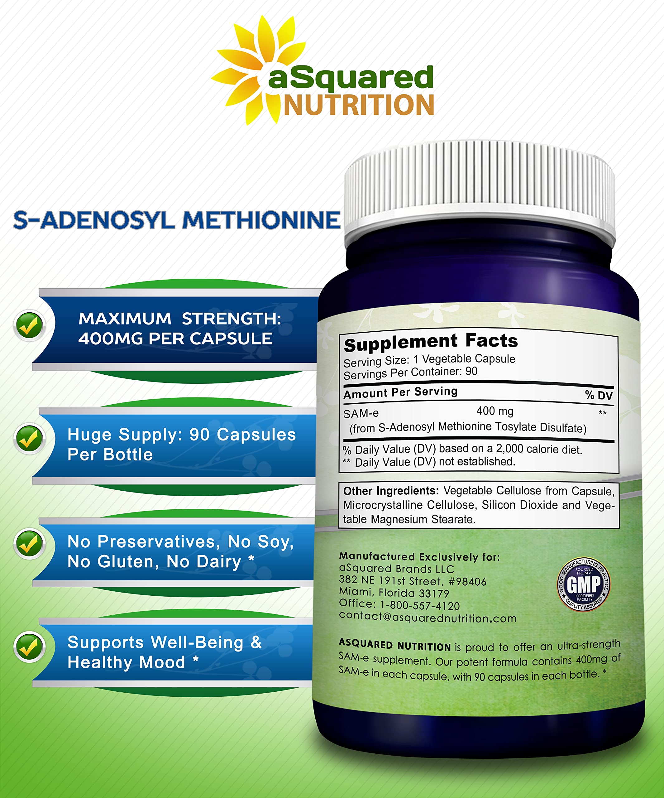 aSquared Nutrition SAM-e 400mg capsules on a white surface for easy daily use.