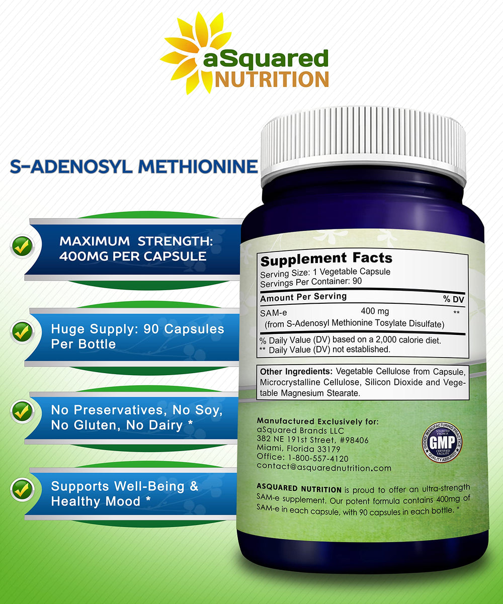 aSquared Nutrition SAM-e 400mg capsules on a white surface for easy daily use.