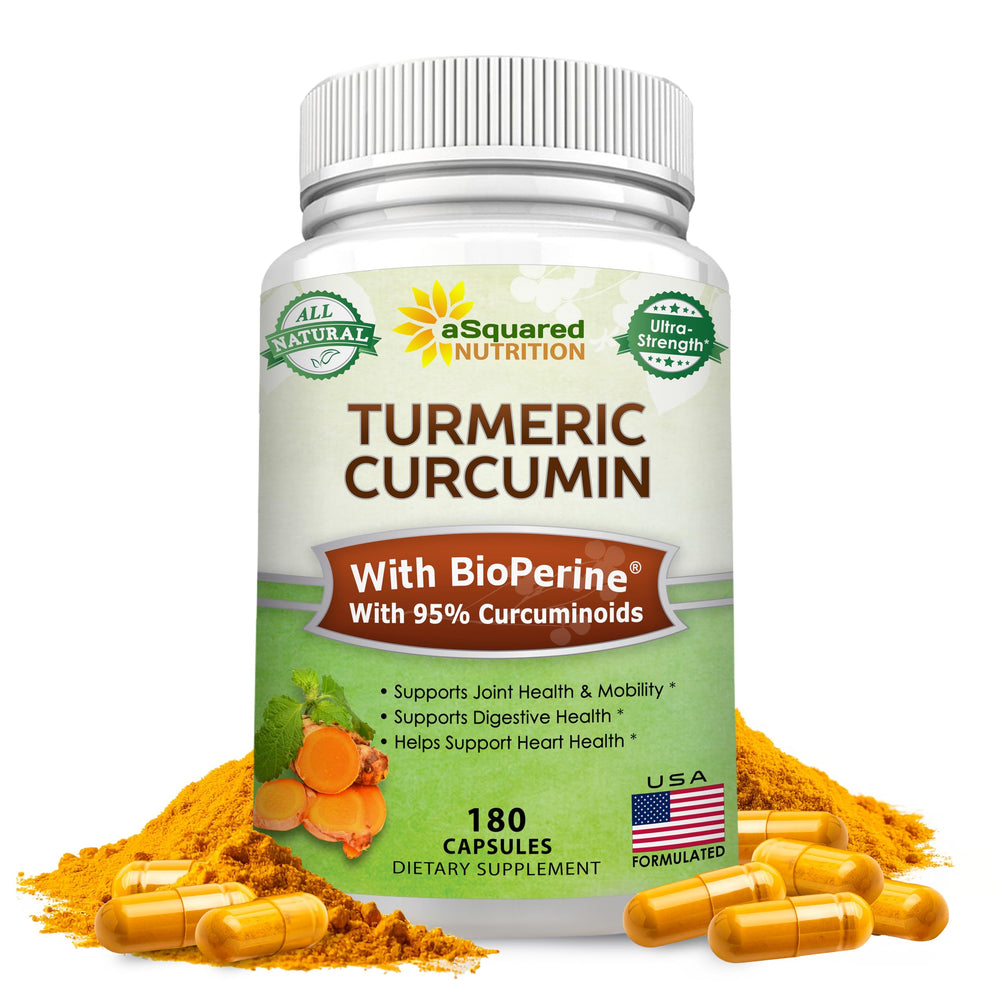 asquared Nutrition Turmeric Curcumin 1300mg bottle highlights joint support and antioxidant potential.