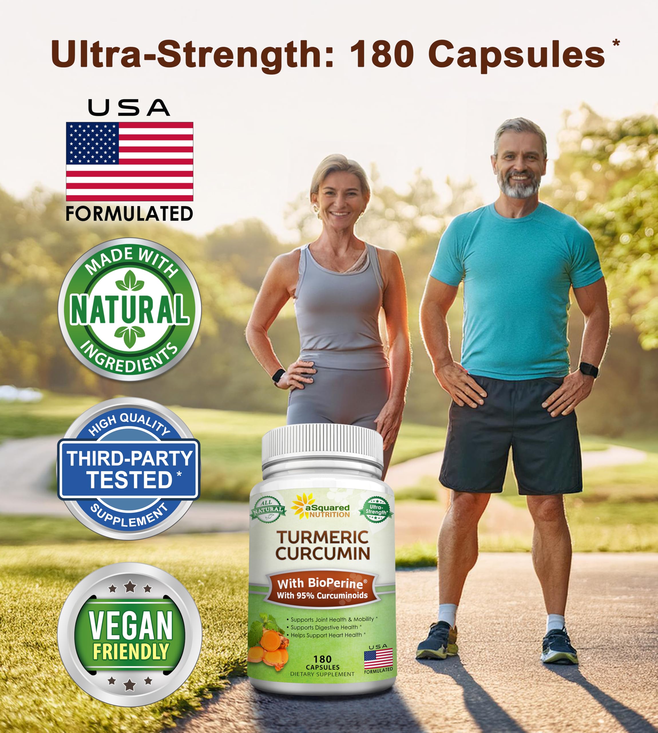 asquared Nutrition Turmeric Curcumin 1300mg capsules close-up shows high potency formula for daily comfort.