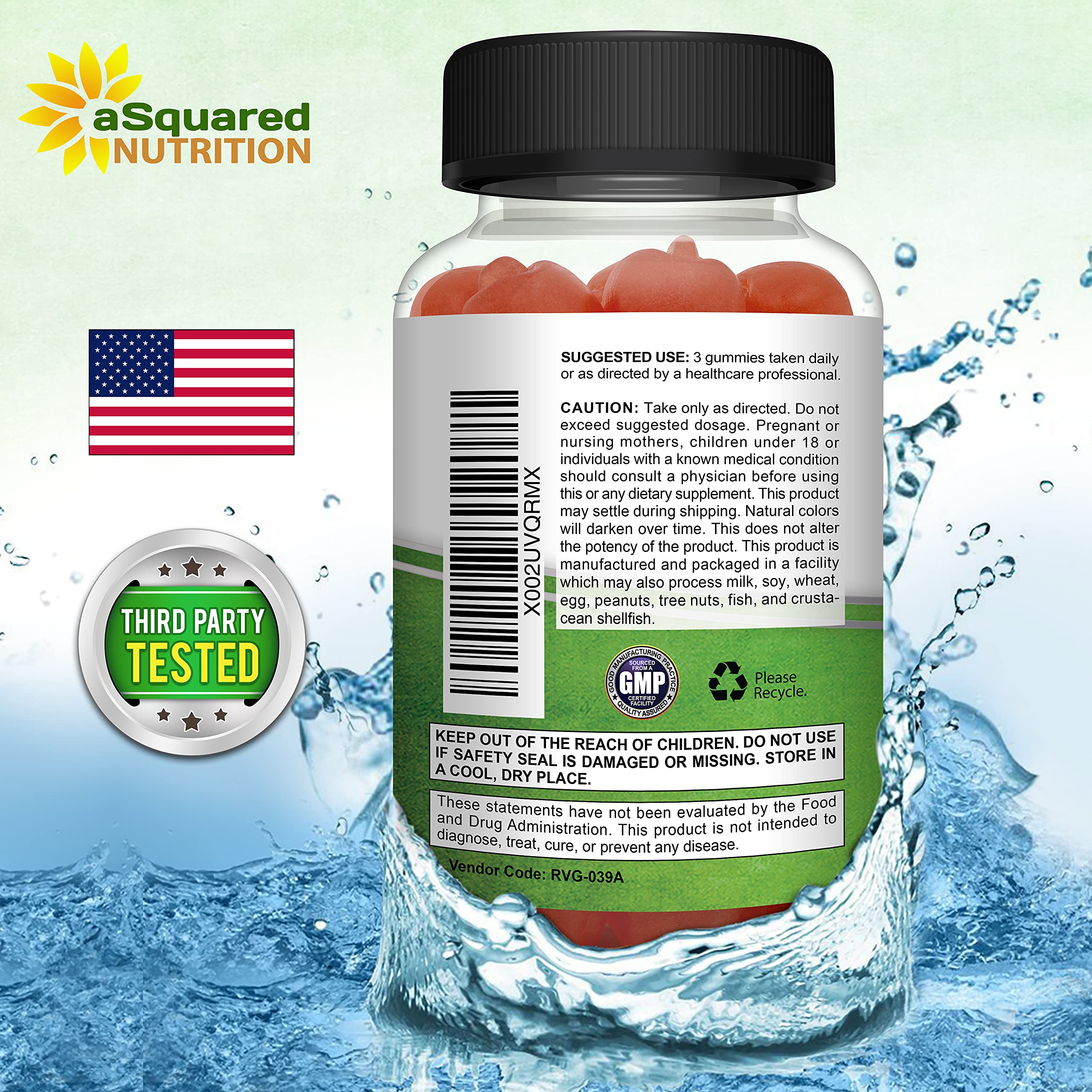 aSquared Nutrition Gummy bottle with fruit background highlighting easy daily supplementation.