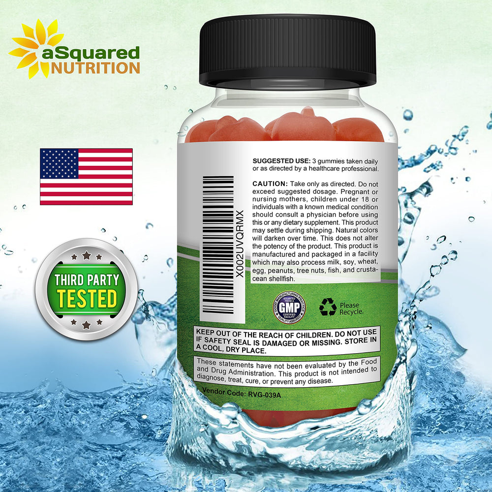 aSquared Nutrition Gummy bottle with fruit background highlighting easy daily supplementation.