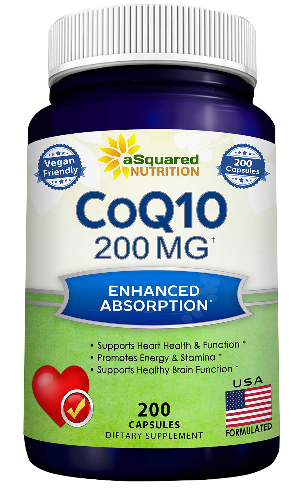 aSquared Nutrition CoQ10 bottle with capsules and high absorption formula