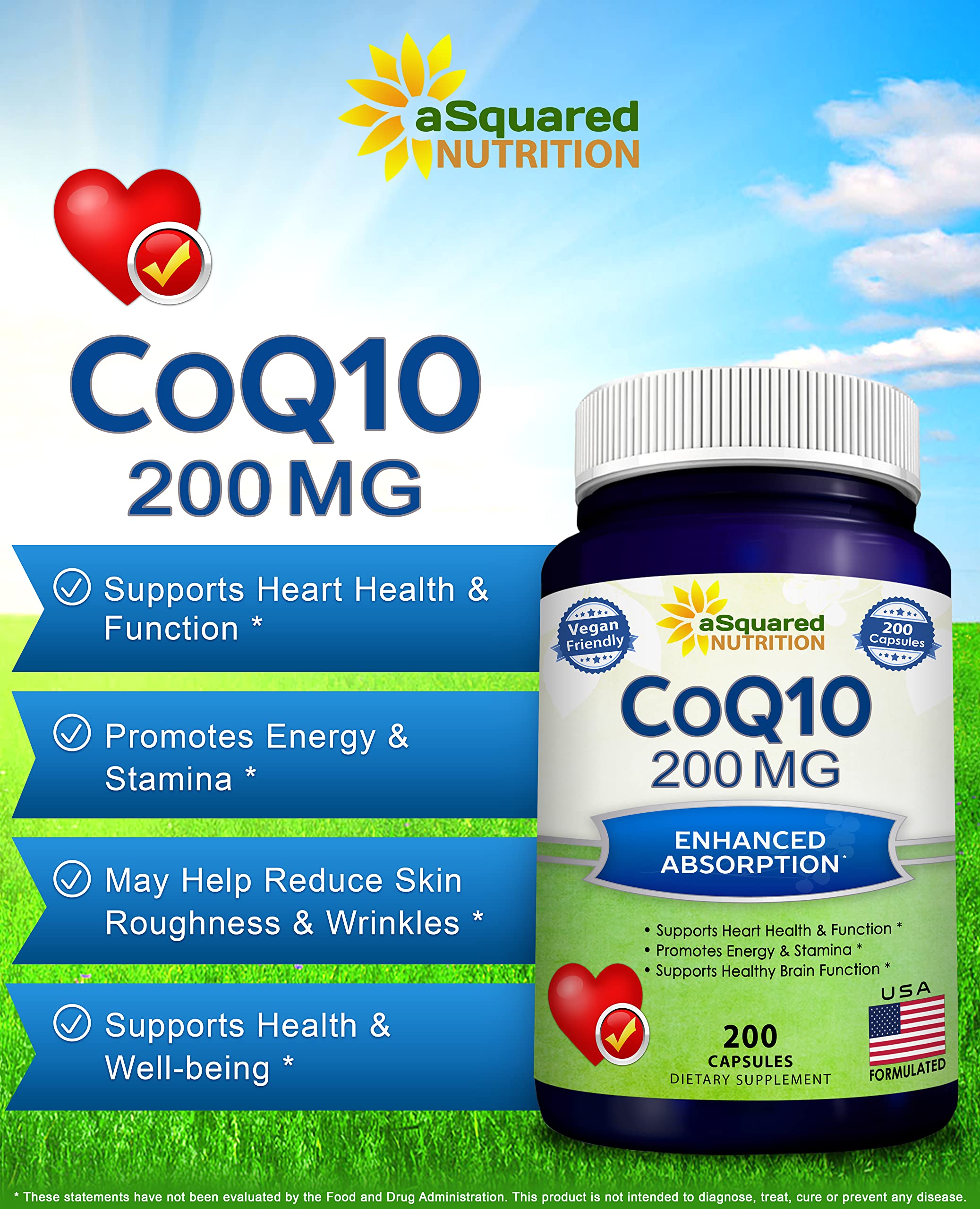 aSquared Nutrition CoQ10 capsules on white background, convenient daily supplement
