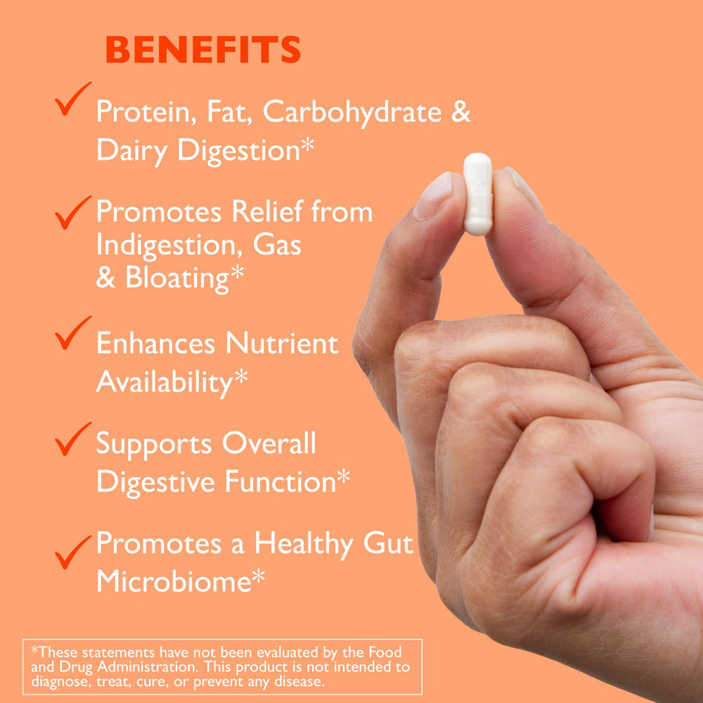 AST Enzymes Digest-GI bottle pour demonstrates easy-to-take capsules with meals