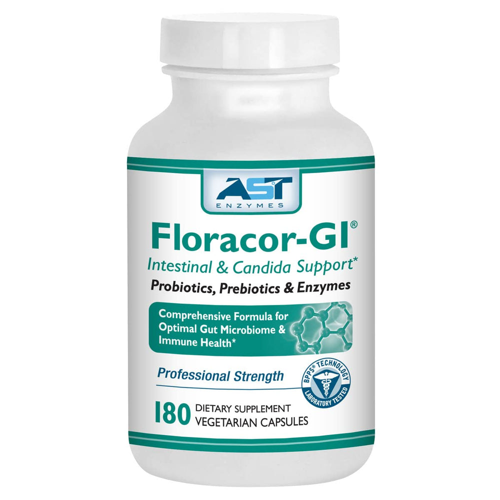AST Enzymes Floracor-GI bottle on a clean counter highlighting gut balance